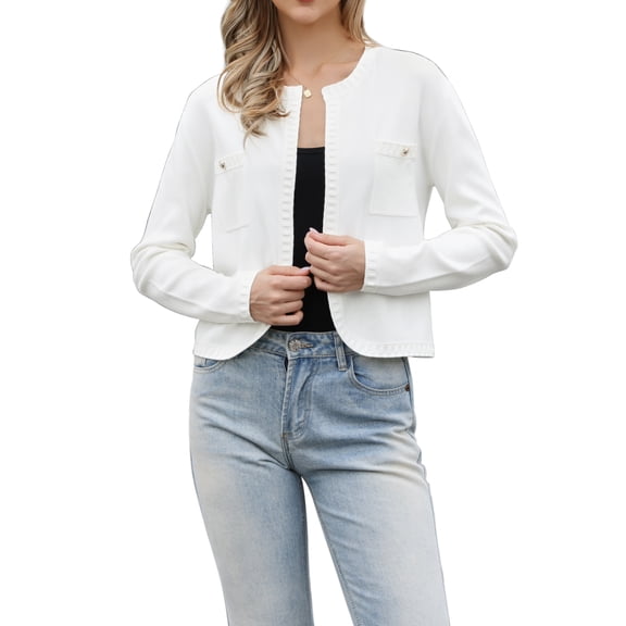 INSPIRE CHIC Button Knit Cardigan for Women's Long Sleeve Crew Neck Front Pockets Casual Sweater Cardigans XS White