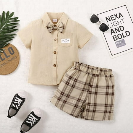 

URMAGIC Toddler Baby Boy Outfit Short Sleeve Button Down Bow Tie Shirt Plaid Shorts Set Gentleman Outfits 18M-6T