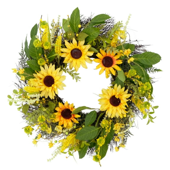 Puleo International 24" Artificial Sunflower Floral Spring Door Wreath, Green/Yellow