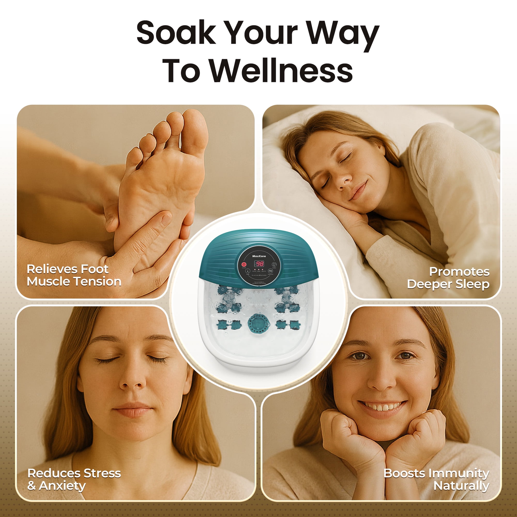 MaxKare Foot Soak Spa Bath Massager with Heat, Bubbles, and Vibration, Digital Temperature Control, 16 Detachable Massage Rollers, Soothe and Comfort Feet - Green