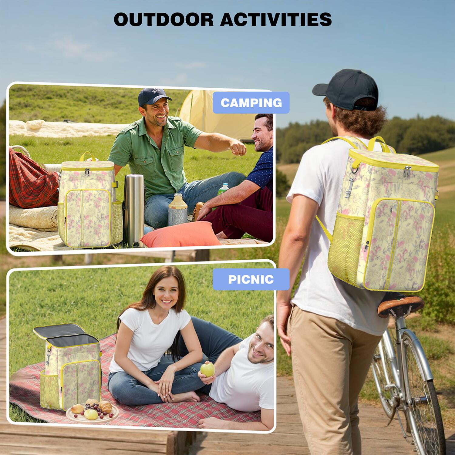 Travel Cooler Bag - Pioneer Flower Floral Print Pattern Camping Beer Cooler Backpack with Bottle Opener- Waterproof Insulated Picnic Backpacks - Cooler Bag for Beach