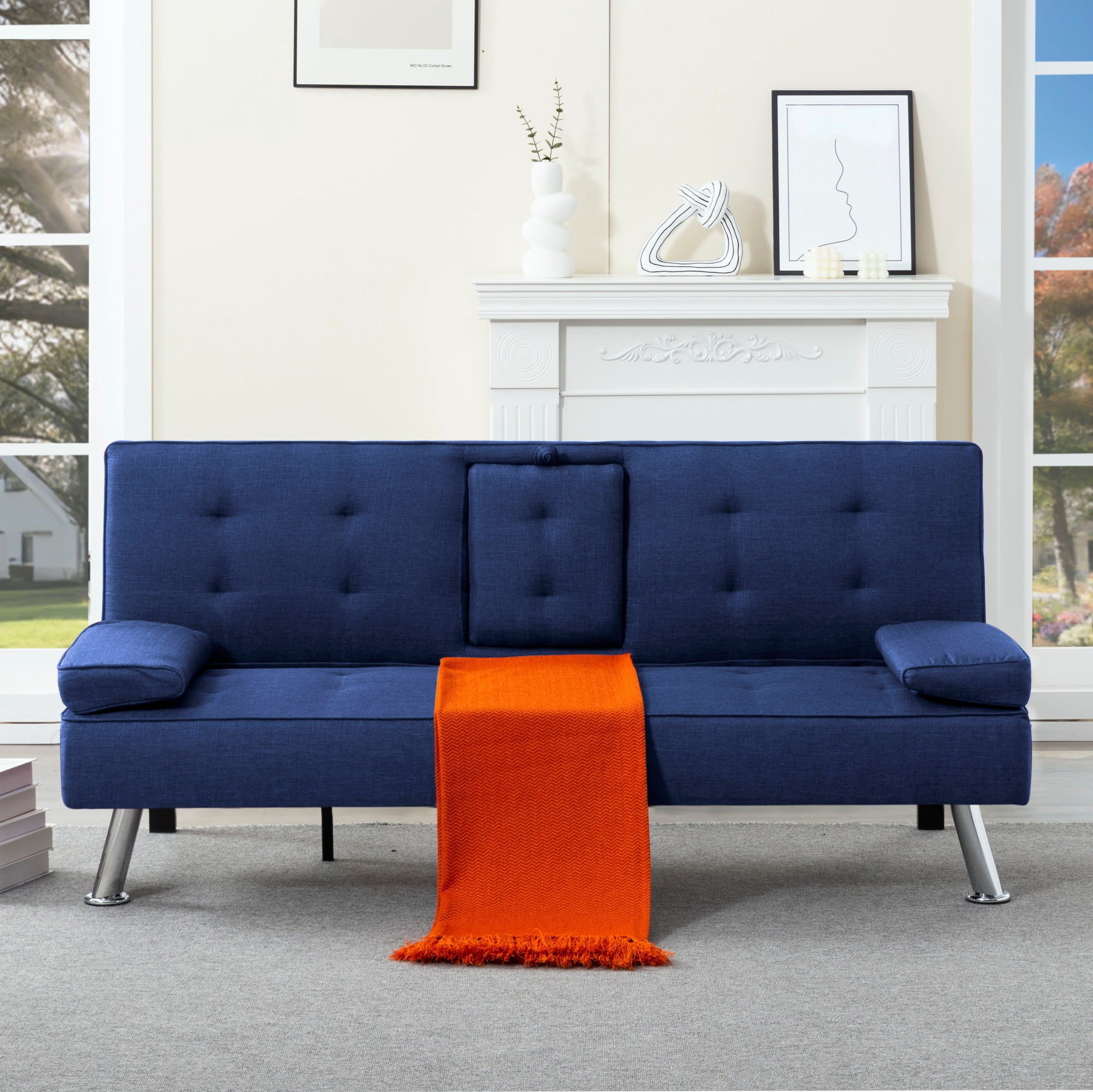 BSHTI 69.49" Fabric Convertible Futon Sofa Bed with Drop-Down Console, 2 Cup Holders, 5-Position Backrest, Side Pocket for Living Room（Navy Blue）