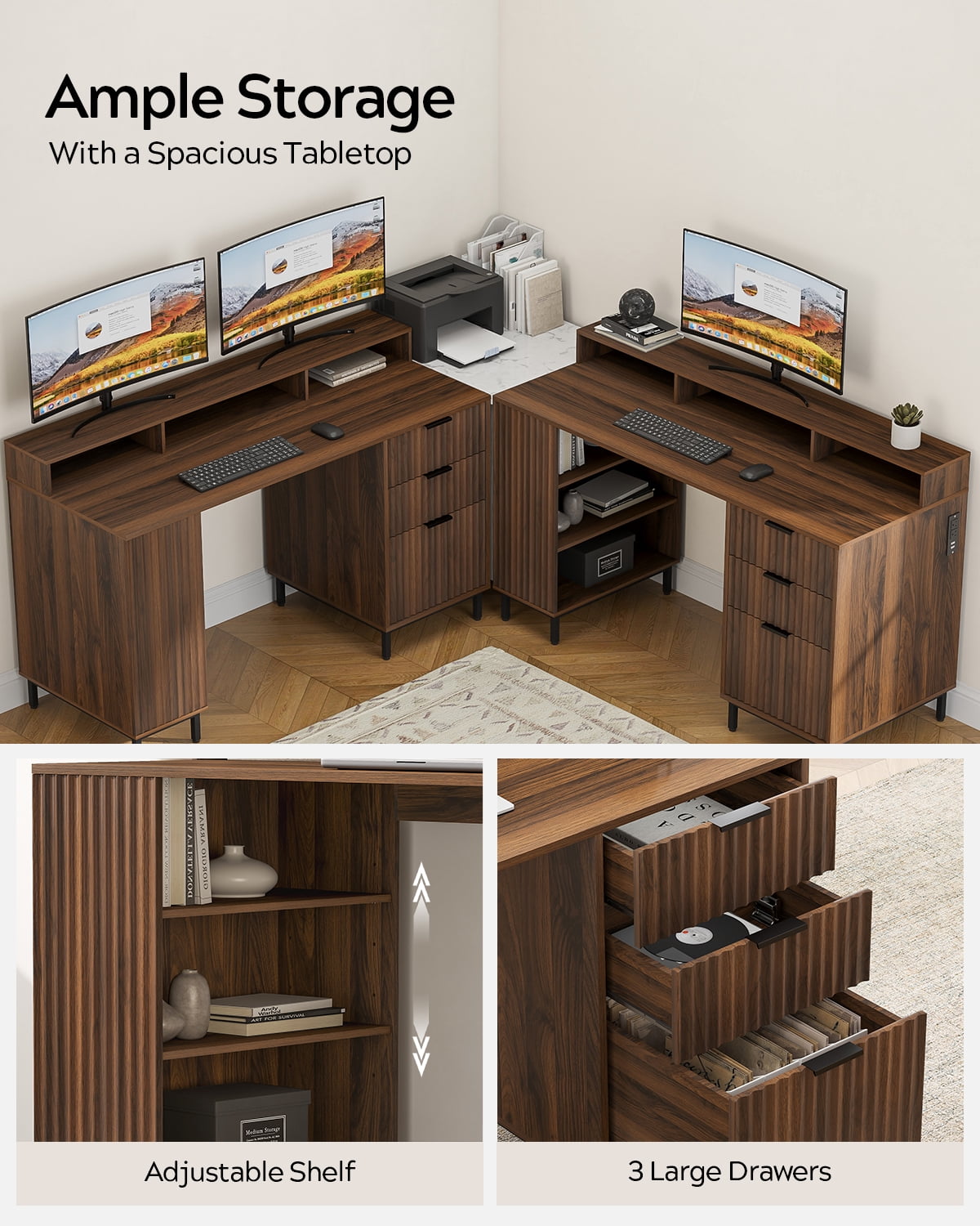 EYYTHUNG Fluted Executive Desk, 55" Modern Wood Office Desk with Monitor Stand & Charging Station, Home Writing Study Computer Table, Brown
