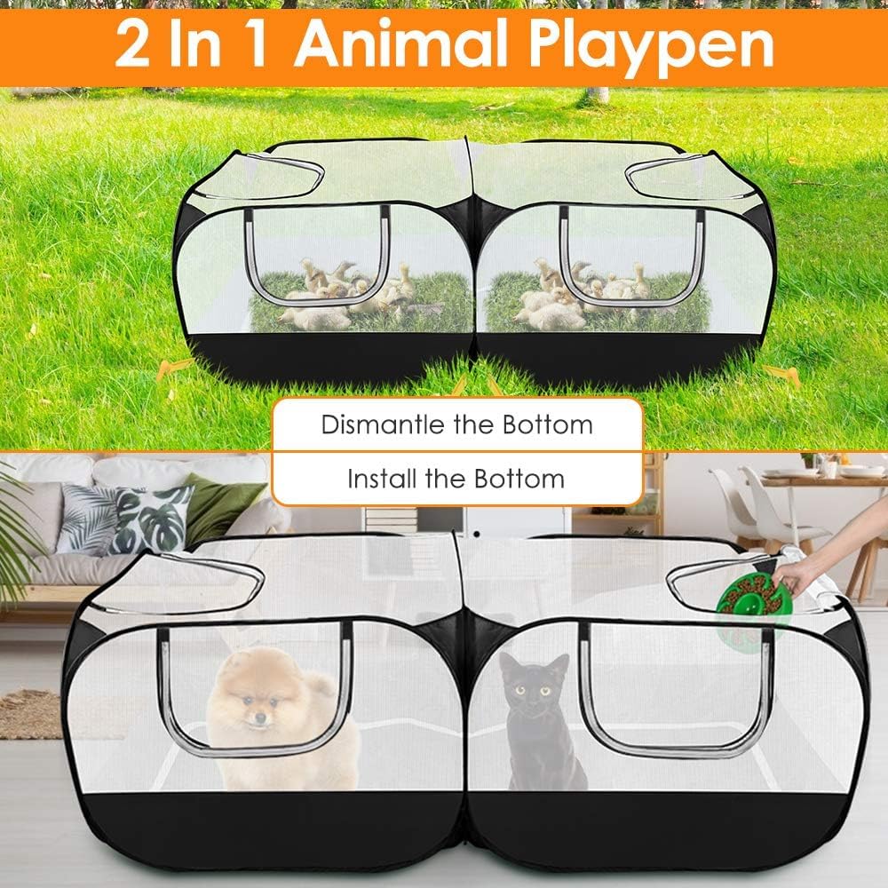 Small Animals Playpen, Portable Large Chicken Run Coop with Detachable Bottom Breathable Transparent Mesh Walls, Foldable Pet Enclosure for Puppy Kitten Rabbits Indoor Outdoor
