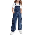 thumbnail image 2 of Cethrio Girls Denim Overalls Size 8, Adjustable Straps Sleeveless Wide Leg Stretchy Jeans Jumpsuits Blue Size 8, 2 of 8
