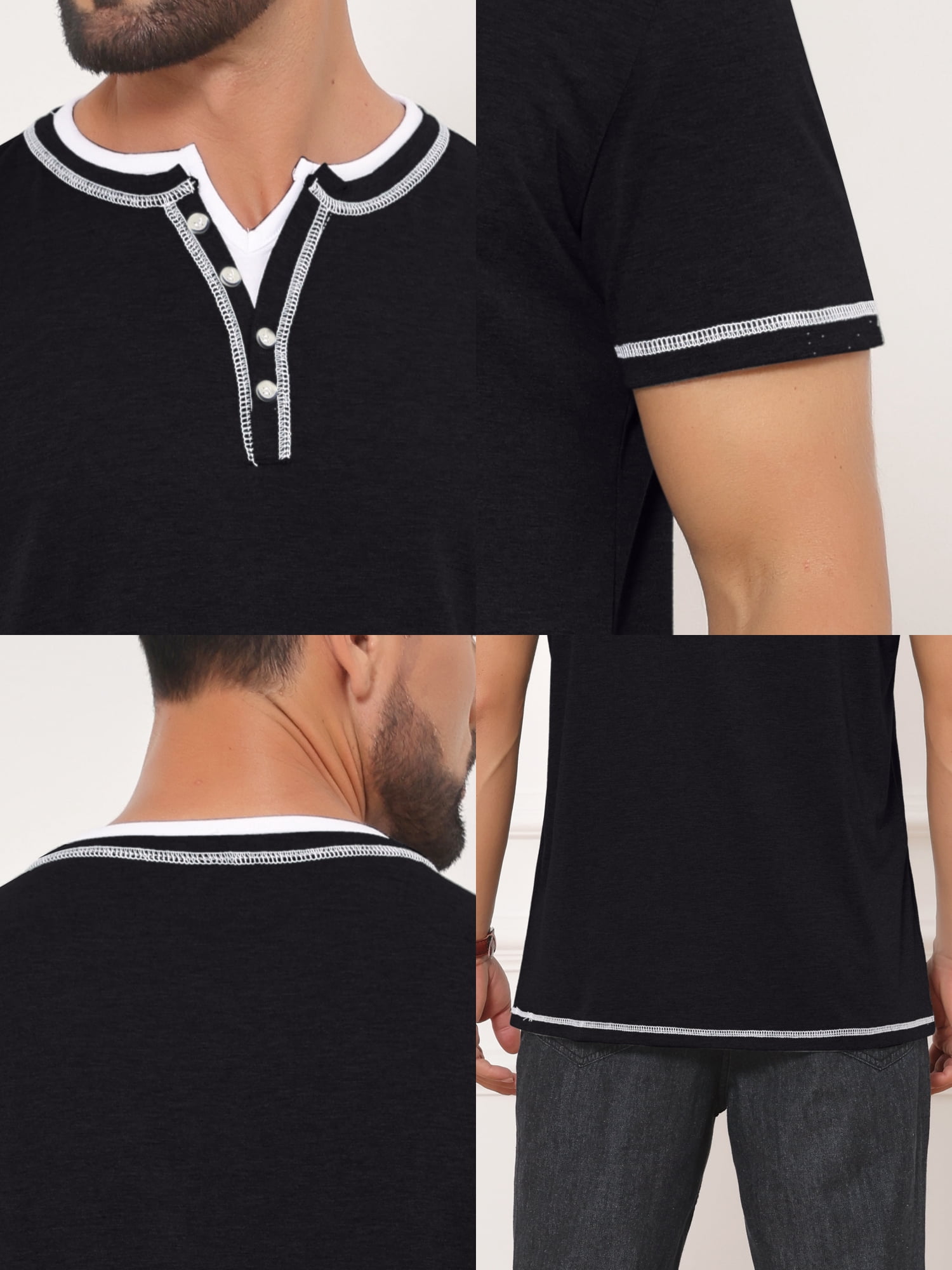 DARING DIVA Men's Henley V-Neck Colorblock Button Down Short Sleeve T-Shirt XL Black