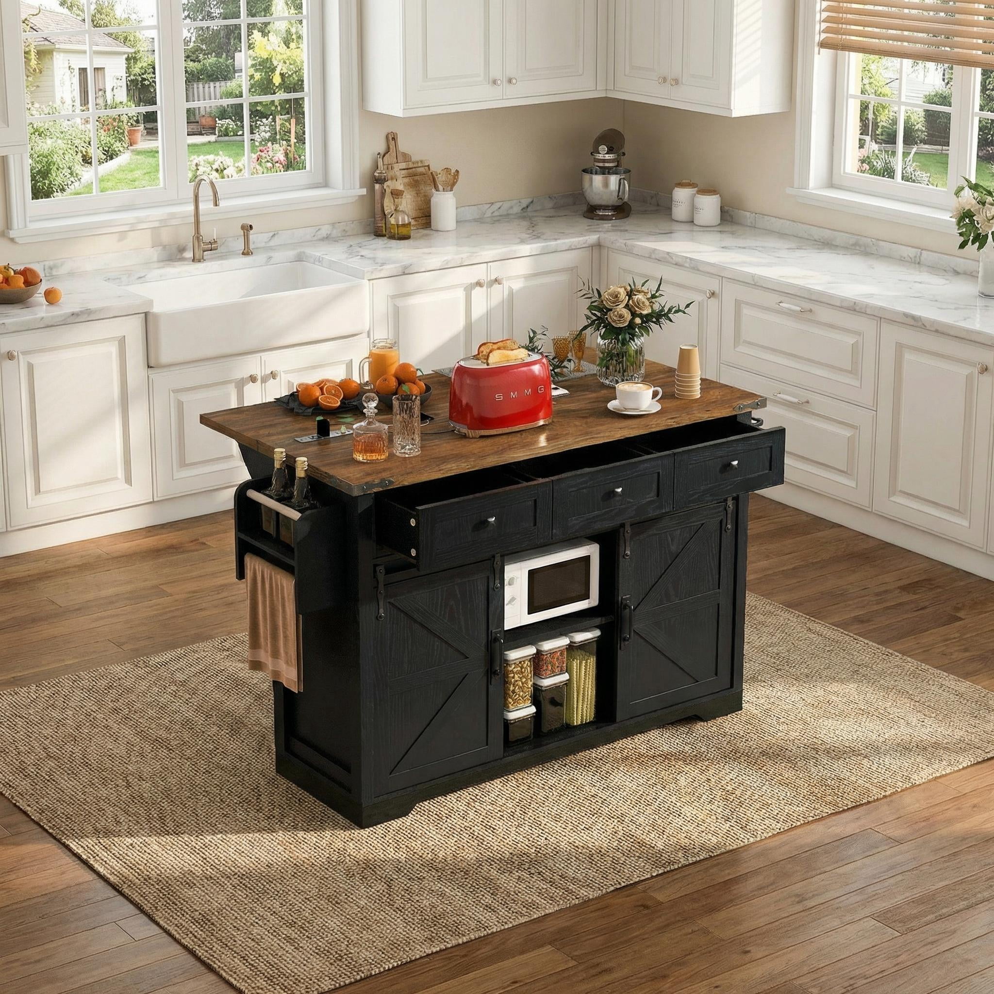 Homy Casa Farmhouse 53.7" Rolling Kitchen Island Cart with Drop Leaf, Power Outlet, Black/Walnut