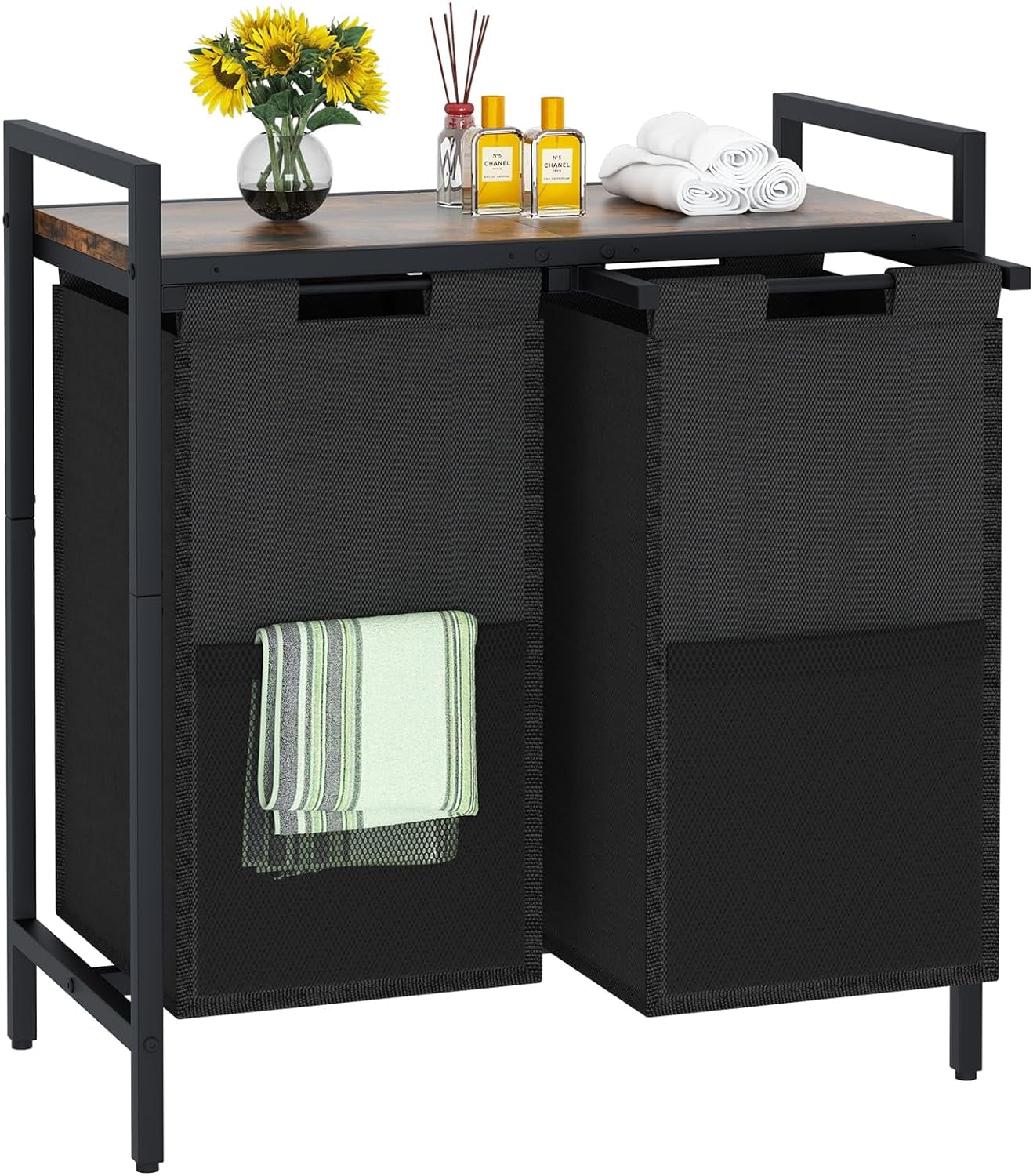 aboxoo Laundry Hamper, double Laundry Basket, Laundry Sorter with Top Shelf & 2 Removable Washable Bags & Side Pockets for Laundry Room organization, Bathroom and Dorm, Rustic Brown and Black