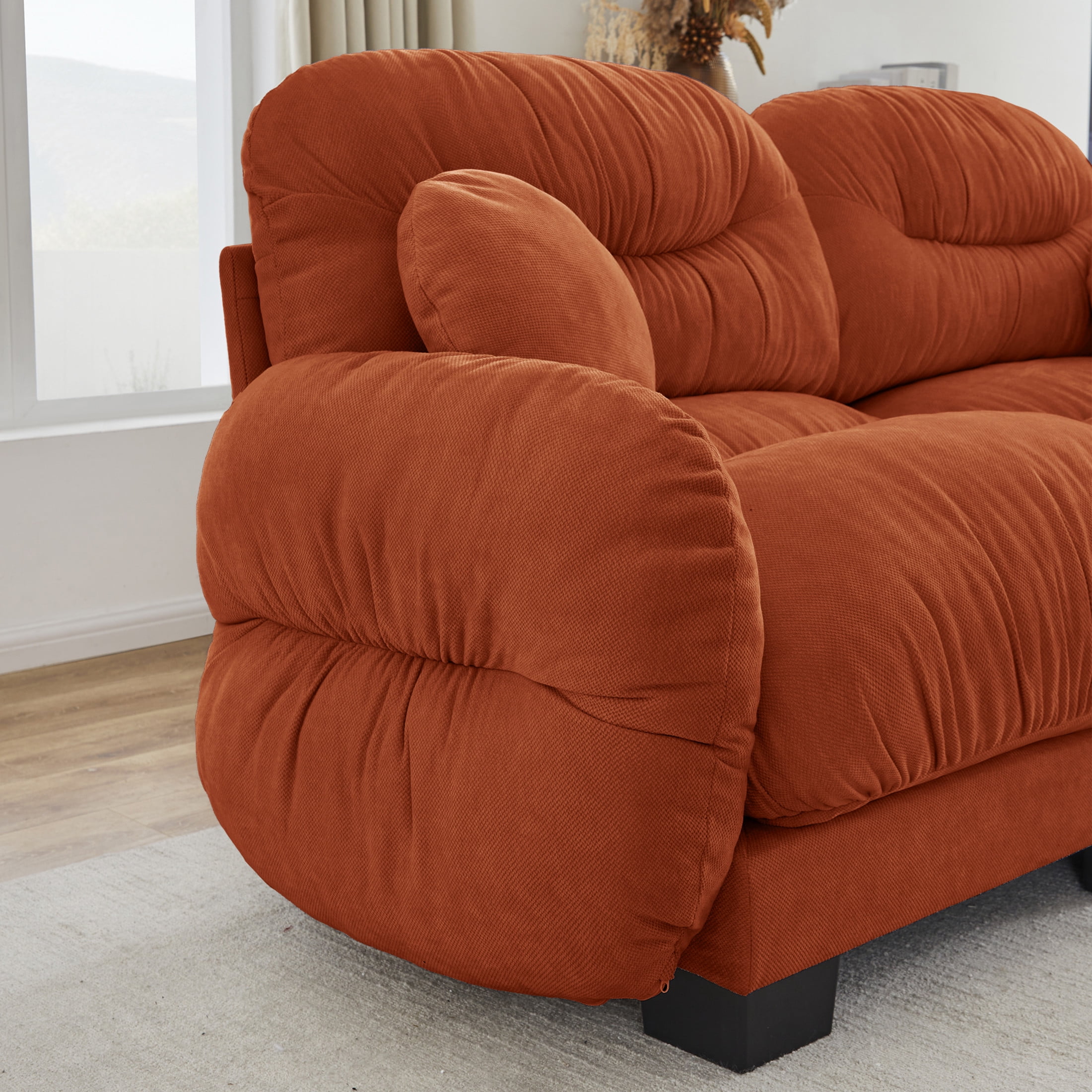 Noble House Corlan Pleated Chenille 4-Seater Sectional Sofa, Modular Deep Seat Couch with Ottoman and Throw Pillows, Orange