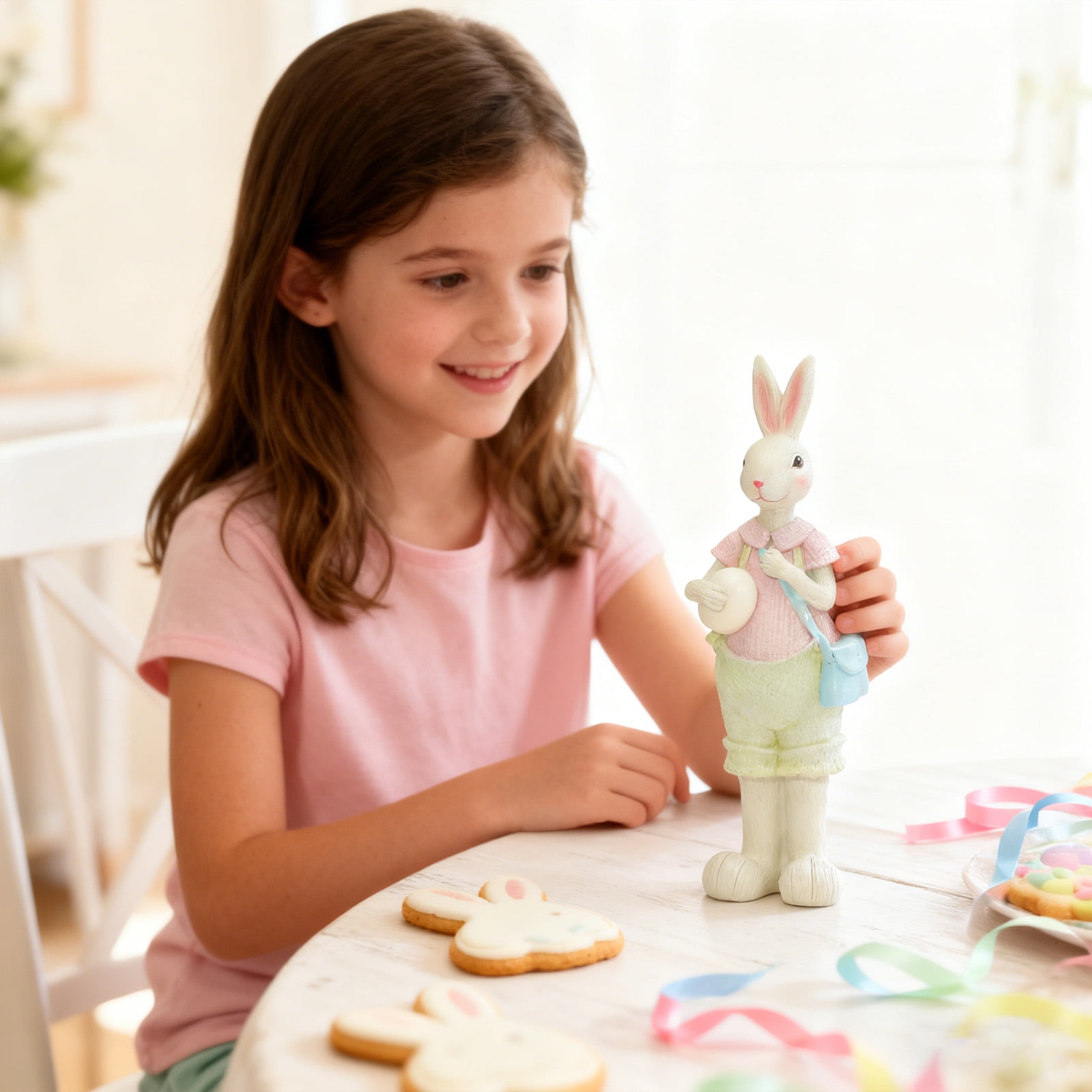 Easter Bunny Cartoon Sculpture, Large Cute Indoor and Outdoor Bunny Statue for Garden Patio, Spring Holiday Home Decor - Cyan Color