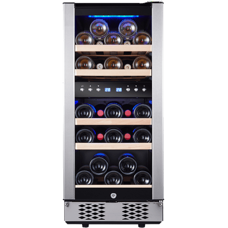 

30 Bottles/15 Inch Dual Zone Low Noise Wine Cooler Refrigerator Small Wine Refrigerator for Home Bar with Digital Temperature Control Glass Front Doors and Interior Lighting