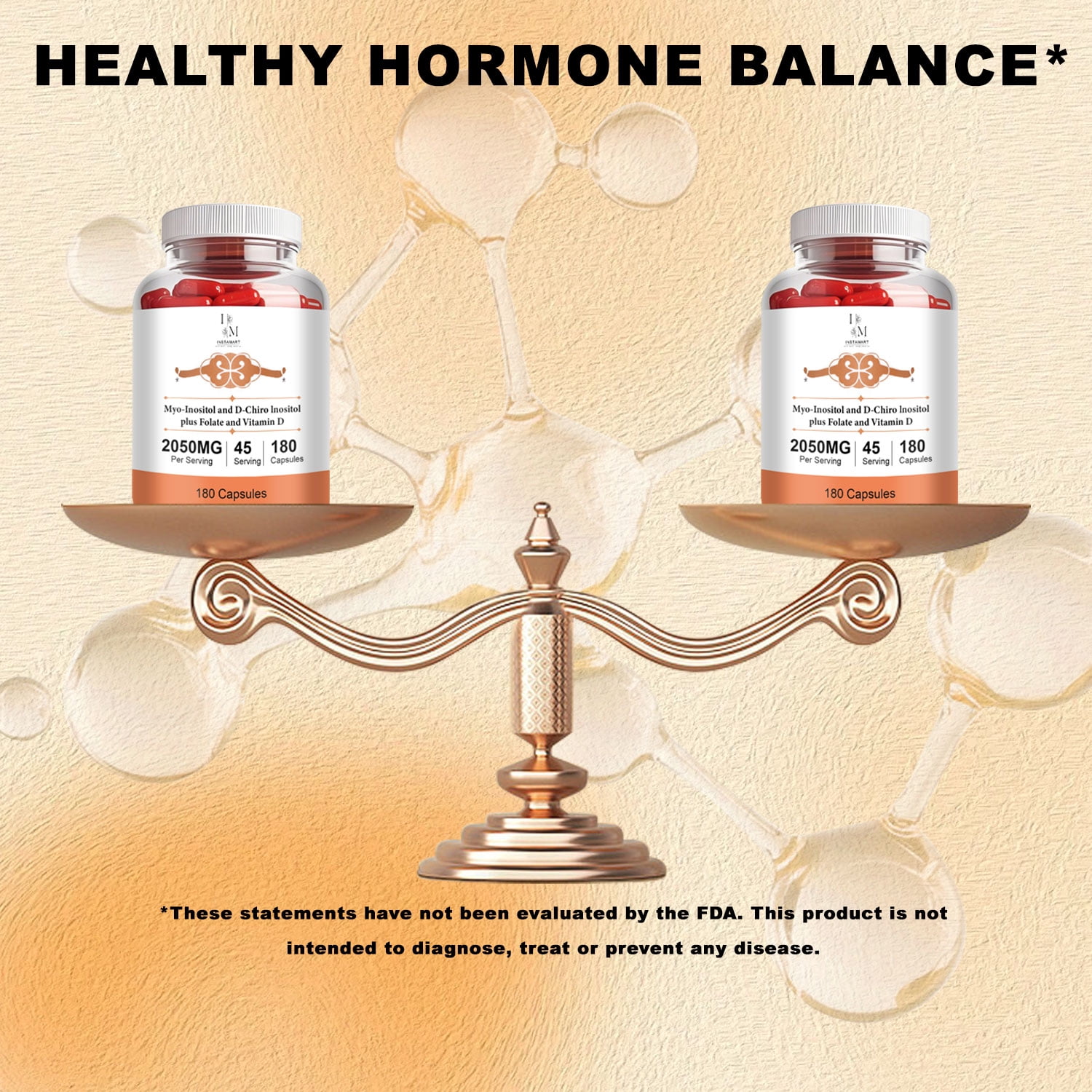 INSTAMART Myo-Inositol & D-Chiro Inositol Supplement for Women | 2050mg, Balanced 40:1 Ratio | Plus Folate & Vitamin D for Hormonal Balance, Regular Cycles & Ovarian Health | 180 Vegetarian Capsules