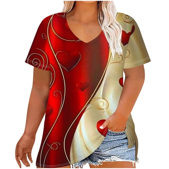 Ohufall Womens Love Heart T-Shirts Valentine's Day Graphic Tees Short Sleeve Plus Size Tops