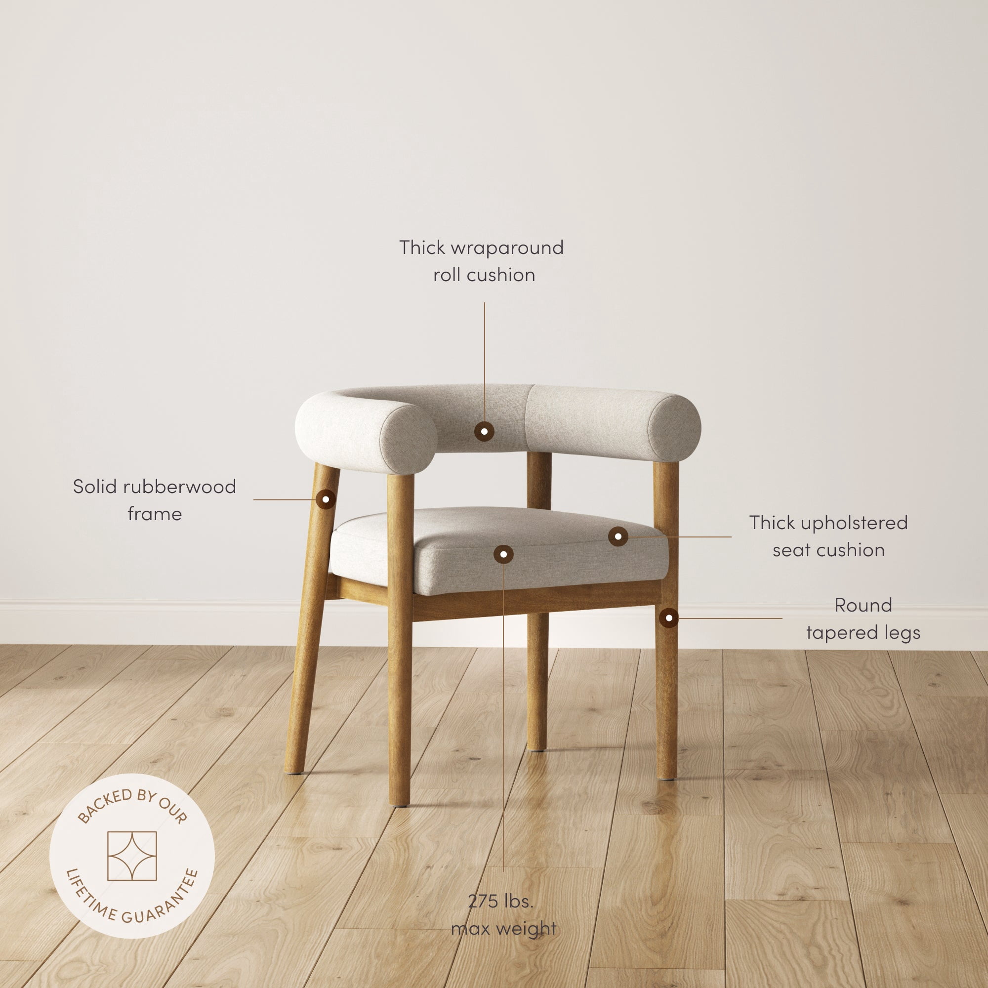 Nathan James Demi Modern Dining Room Chair, Barrel Back Dining Chair with Solid Wood Legs and Natural Flax Upholstery, Flax/Light Brown