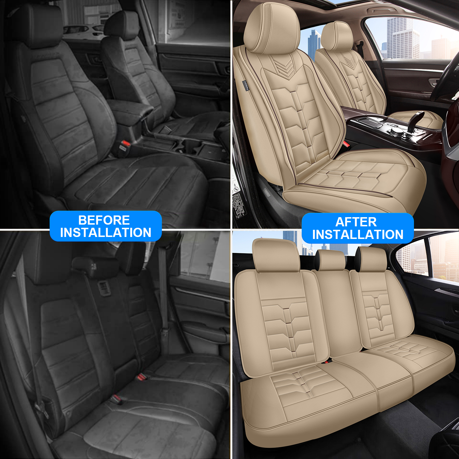 LAONNVIR Leather Car Seat Covers,Breathable and Waterproof Faux Leather Automotive Seat Covers for Cars SUV Pick-up Truck,Universal Anti-Slip Driver Seat Cover with Backrest(Beige,Full Seat)