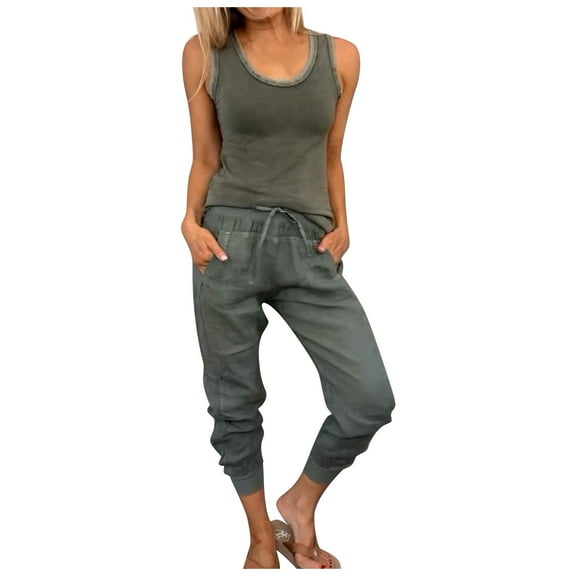 BYHONG Fall Outfits for Women 2024 Linen Vest and Drawstring Casual Pants Set Summer Sleeveless Top with Elastic Waist Trousers Two Piece Outfit AG XXXL