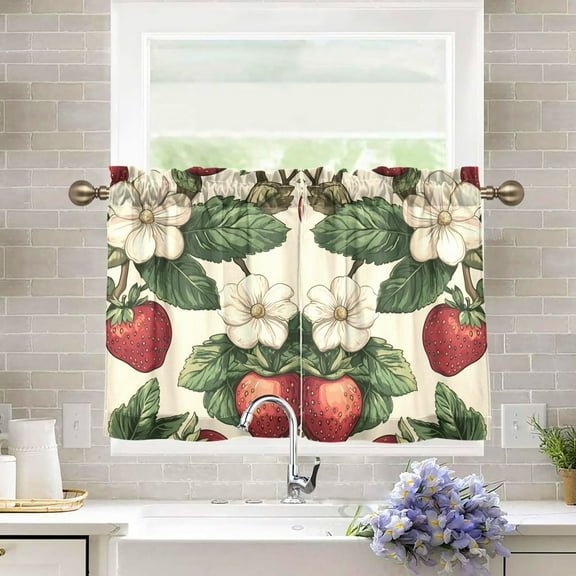 Yayeee Kitchen Curtains Tier Pair Light Filtering 27"x36" Rod Pocket Short Cafe Window Panel, Beige Strawberry