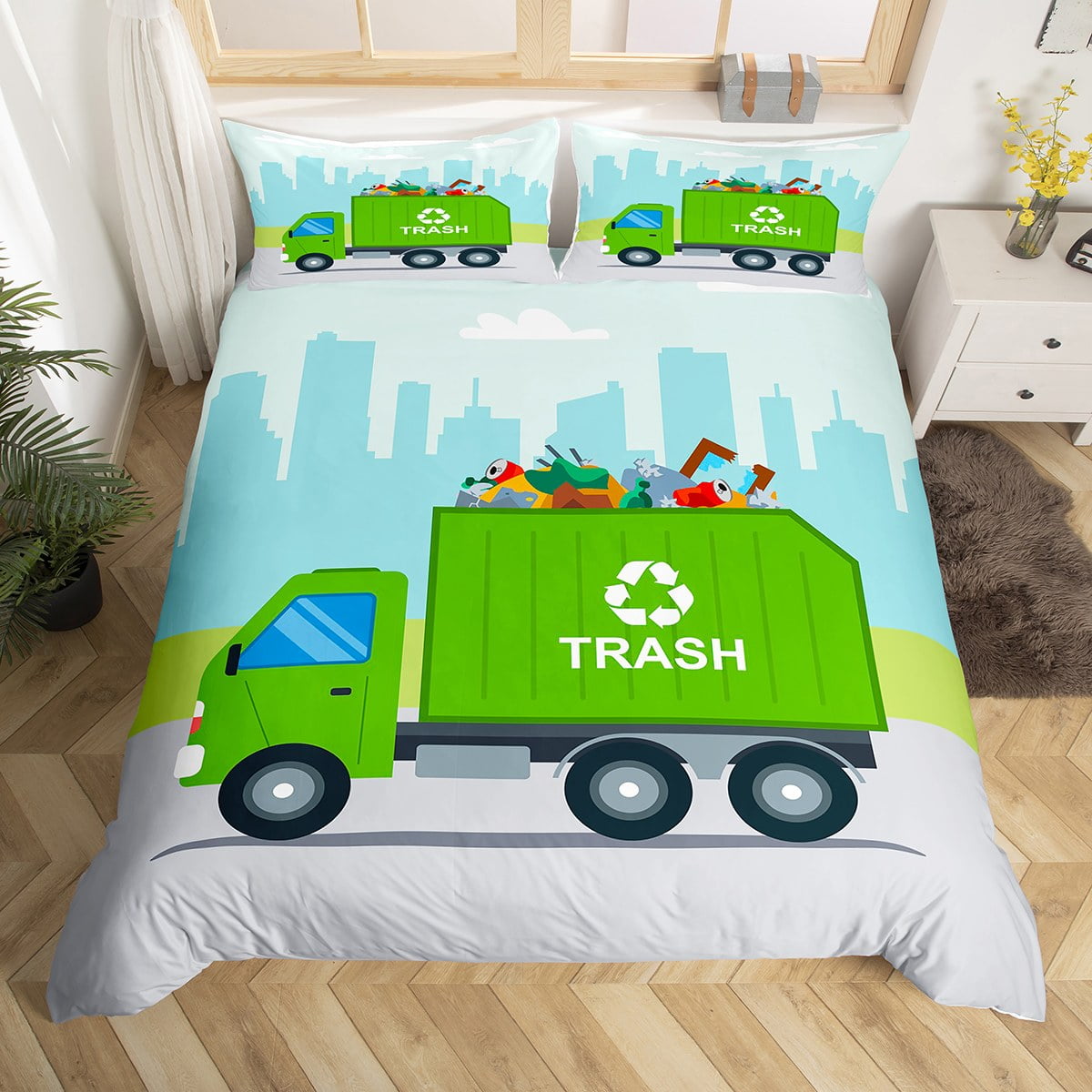 Trash Truck Toddler Bedding Set Queen Size,Cartoon Garbage Car Duvet Cover for Toddler Boys