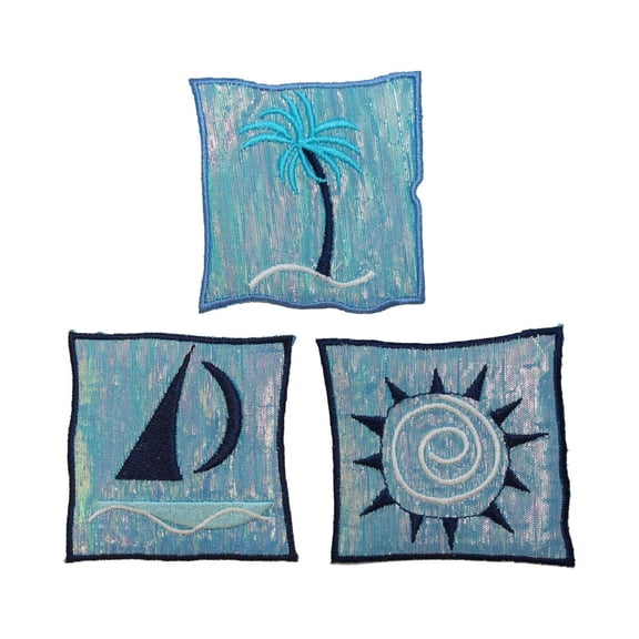 ID 0157ABC Set of 3 Beach Scenes Patch Sailboat Palm Tree Sun Iron On Applique