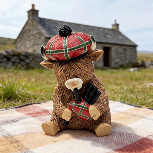 CaiYueKe Scottish Highland Cow Figurine with Bagpipes Tam Hat Resin Statue Themed Home Decor Garden Gift Collectible Animal Sculpture Hand Painted Detail Gift for Scottish Enthusiasts