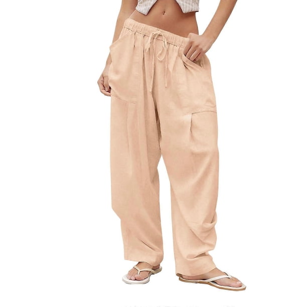 Women's cotton and linen trousers, solid color, loose fit, wide-leg, lightweight, low-waisted, comfortable and flowing. wheat color XXL
