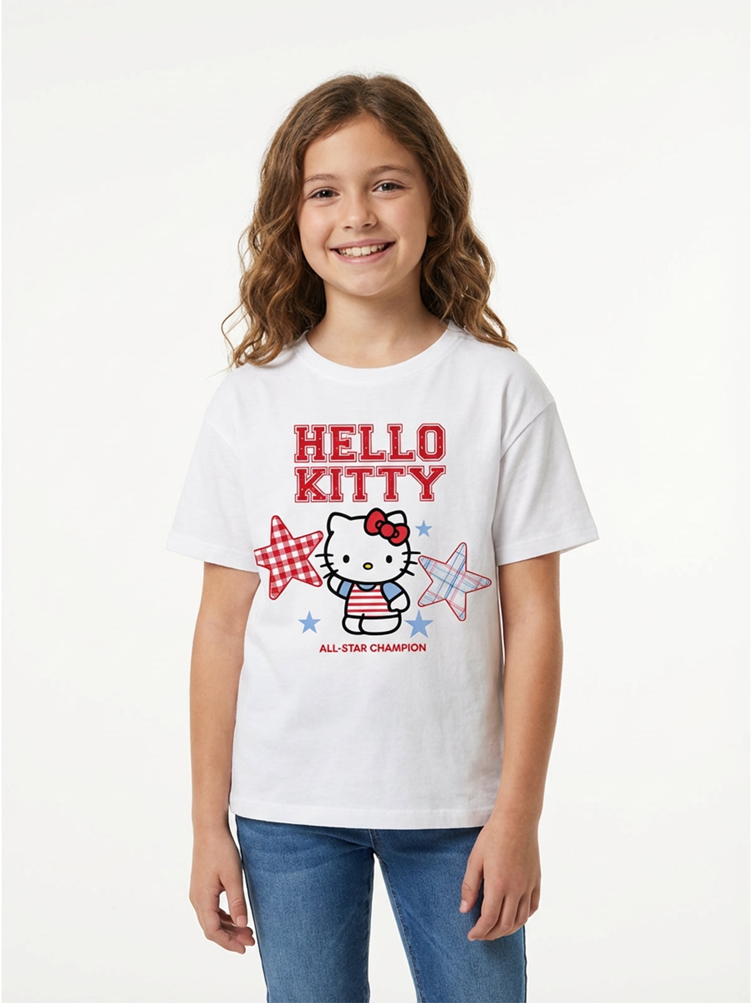 Sanrio Girls Hello Kitty Americana Patriotic Graphic Tee with Short Sleeves, Sizes 4-16