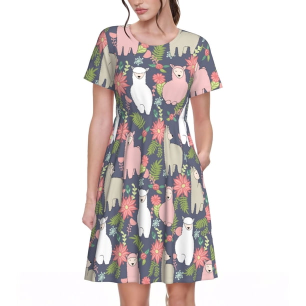 Fotbe Llamas Vestido Largo de Moda para Mujer, Vestido Tipo Camiseta con Manga Corta y Estilo Casual a Rayas y Bloques de Color