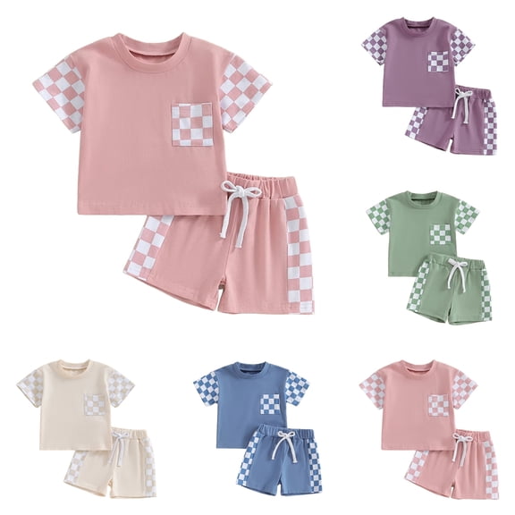 larppty Baby Boy Girl Summer Outfits Checkerboard Short Sleeve T-Shirt Elastic Waist Shorts Set Toddler Checkered Outfit（Blue， 0-6 Months）