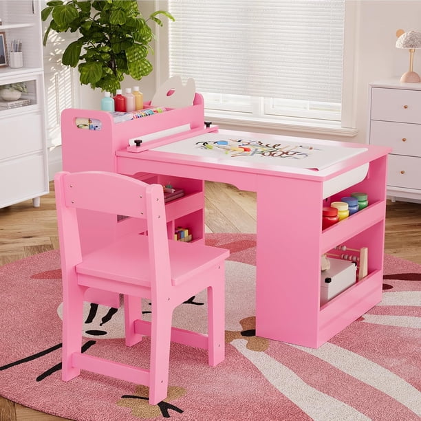 Para niños grande art escritorio con double-sided almacenamiento cabinets y 2 stools mdf children’s drawing mesa set rosa