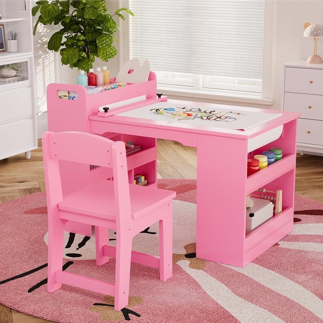 Para niños grande art escritorio con double-sided almacenamiento cabinets y 2 stools mdf children’s drawing mesa set rosa