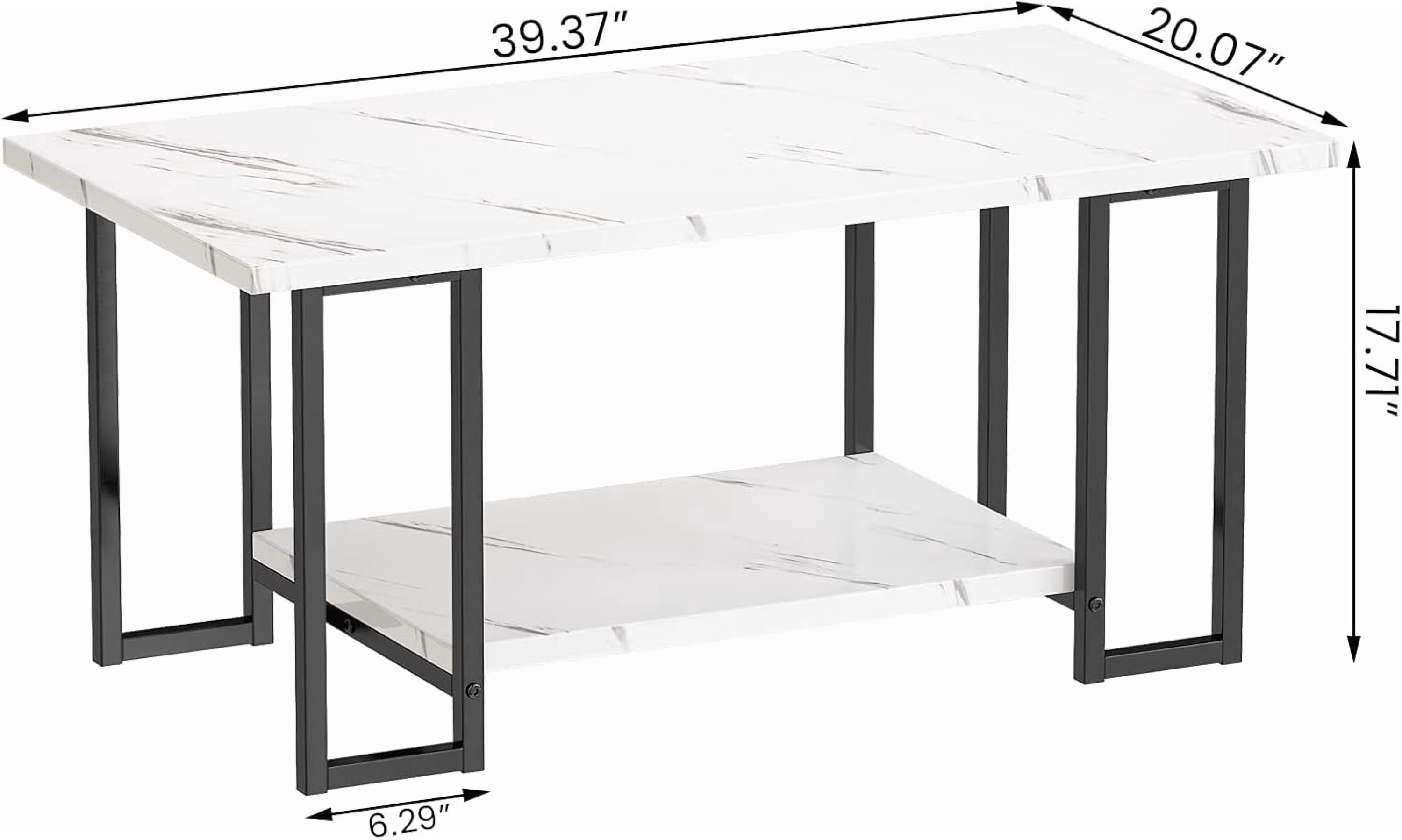 LinkRomat Modern Coffee Table, 40" Faux Marble Top Rectangular Coffee Table with Black Metal Frame, 2 Tier Living Room Table for Living Room, Office, Balcony, White
