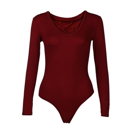 

Rompers for women Women Fashion Solid V-Neck Stretch Long Sleeve Plunge Leotard Tops Sexy Jumpsuit CHMORA