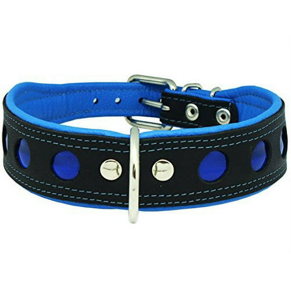 Real Leather Soft Leather Padded Dog Collar Reflective (18.25"-20.75" Neck; 1.75" Wide, Black/Blue)