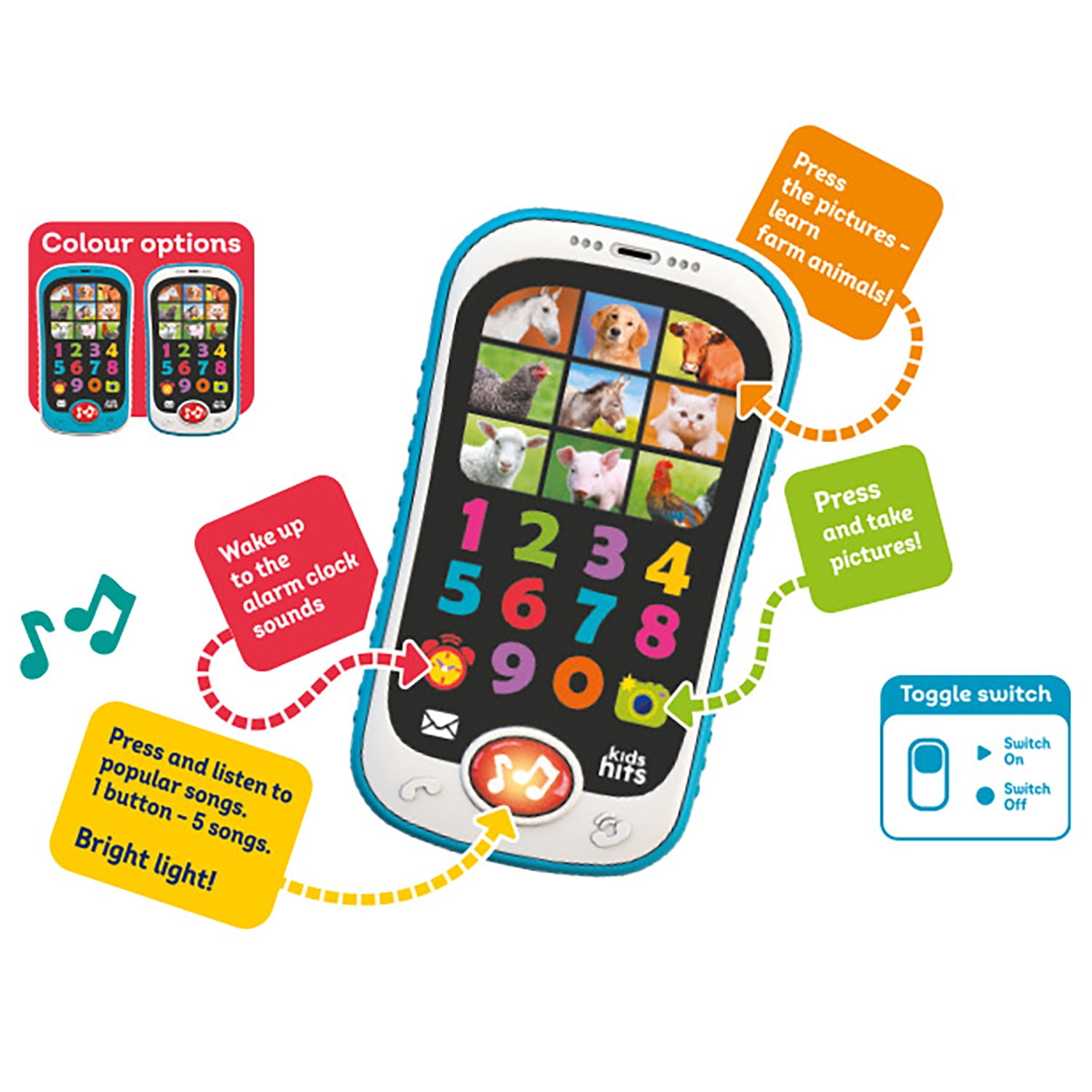 Kids Hits: Smart Phone - Hello, Farm! - Interactive Educational Toy, Games Teach Numbers & Colors, Light-Up, Animal Sounds & Songs, Kid & Toddlers 2+