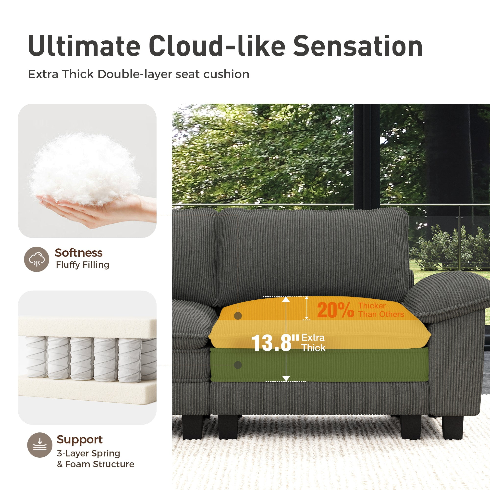 Sophia&William 3-Seat Modular Sectional Sofa Sets, Oversized Corduroy Cloud Couch with Deep Seat & 3 Throw Pillows for Living Room,Gray