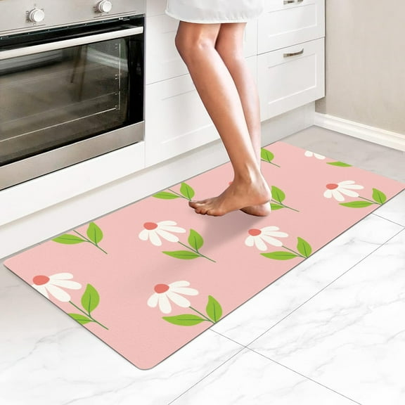 Pink Flower Rubber Bottom Long Kitchen Mat