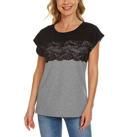 

Long Sleeve Shirts for Women Long Sleeve Crop Top Women Casual T-shirt Solid Crew Neck Lace Patchwork Short Sleeve Pullover Blouse Tops Going Out Tops Clearance Square Neck Tops Gray 2XL