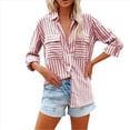 thumbnail image 3 of Camisas A Rayas con Botones para Mujer, Blusas Casuales de Larga con Cuello en V y Bolsillos Rosa Roja XL, 3 of 6