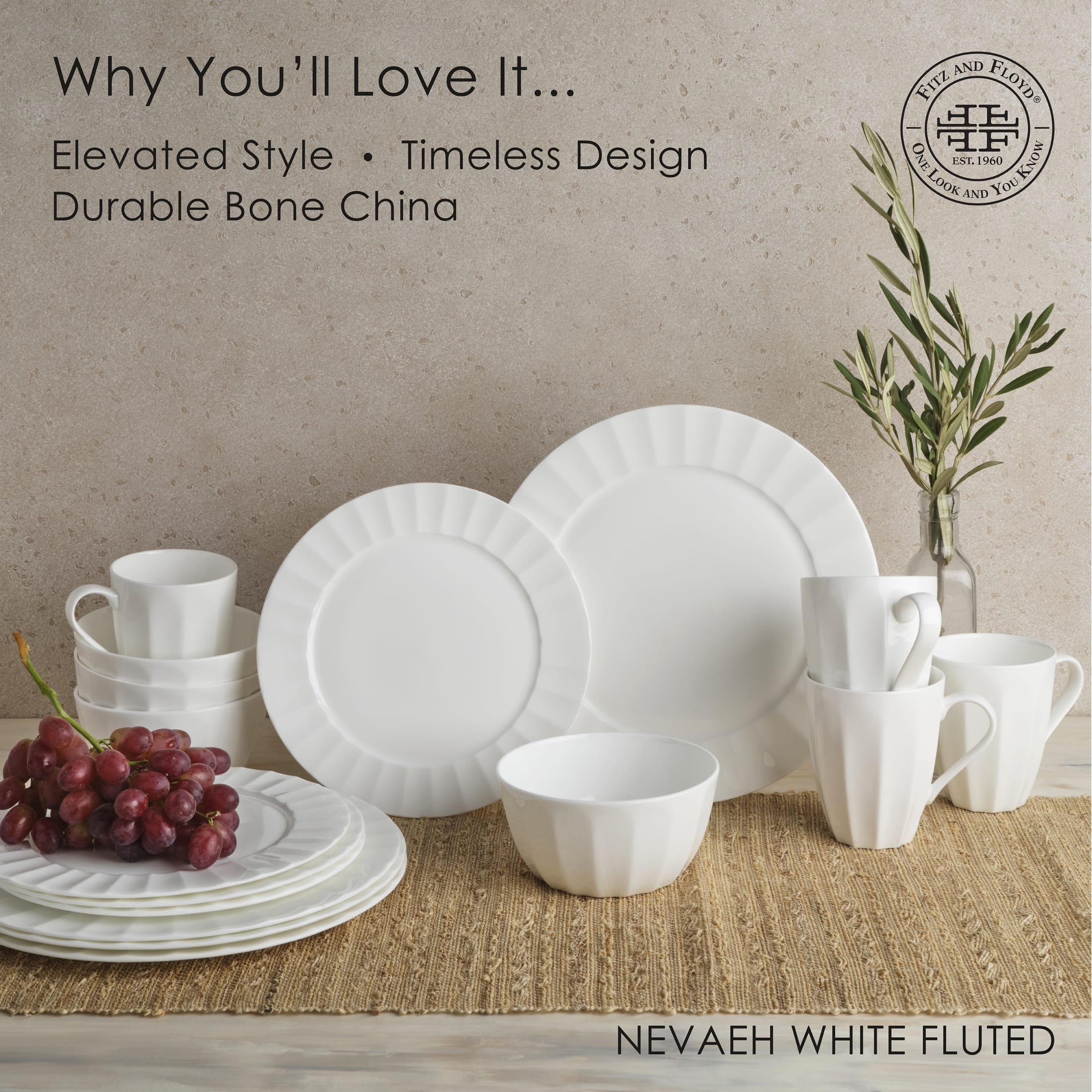 Fitz and Floyd Nevaeh Fluted 16-Piece White Bone China Tableware Set (service for 4)