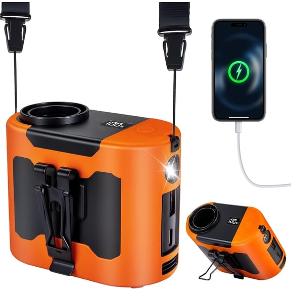 Wiher Portable Waist Fan,Rechargeable Wearable Shirt Clip Fan with Light, Cooling Neck Body, Powerful 5 Speeds Belt Personal Cooling Fans for Outdoor Jobsite Camping Travel(Orange)