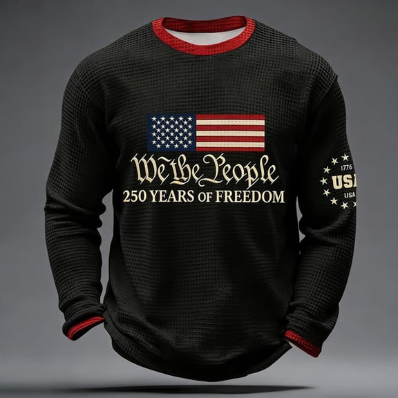 We The People T Shirt Long Sleeve Crewneck Graphic Tees Waffle USA Anniversary Print Everyday Easy Mens T-shirts Black L