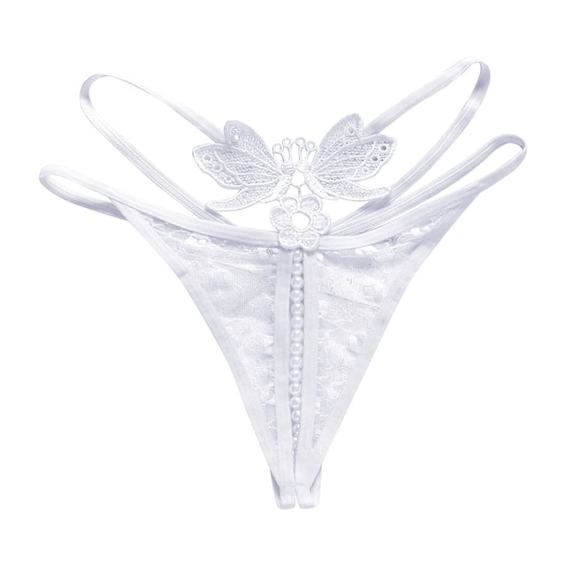Culotte String Transparente Taille Basse à Broderie en Dentelle Décorée de Perles pour Massage