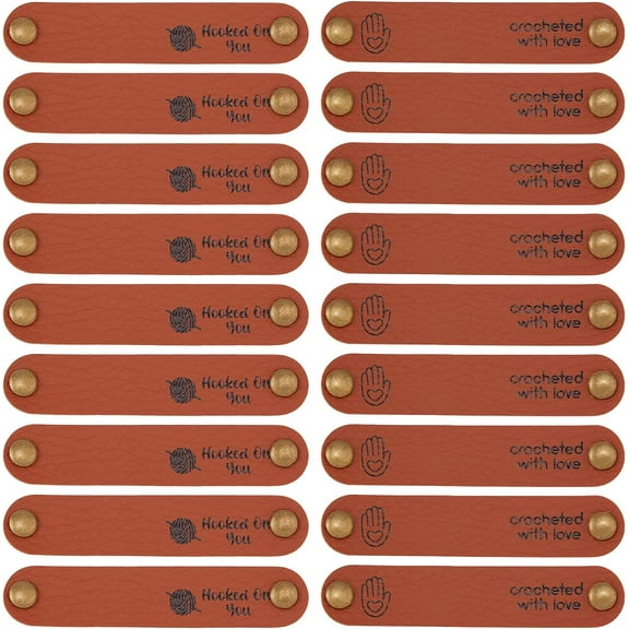 30 Sets 2 Styles Hand Made Embossed Tag PU Leather Label with Pattern 2 Rivet 0.5x2.6 inch Brown Leather Tag Button Oval Crocheted with Love/Hooked on You Tags DIY