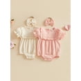 thumbnail image 3 of Cenuakty 3M 6M 12M 18M Infant Baby Girl Outfit Puff Short Sleeve Crew Neck Solid Color Romper with Bow Headband Set, 3 of 9