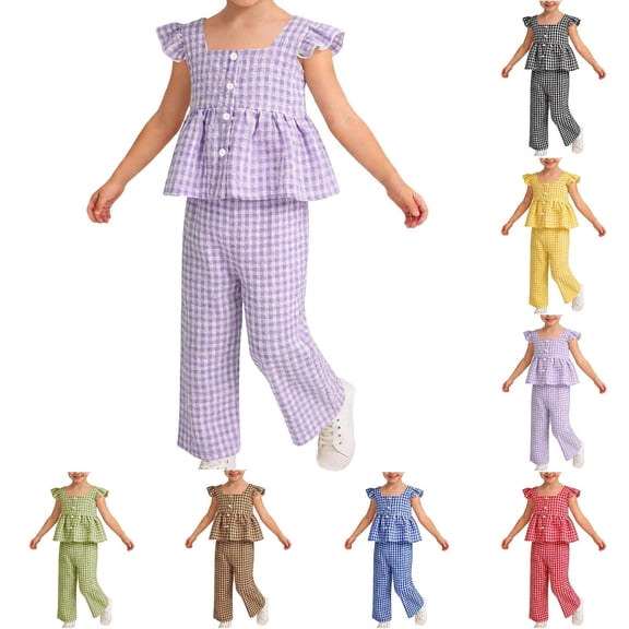 FRSASU Girls Cotton Gingham 2 Piece Outfits Plaid Ruffle Sleeveless Vest Top with Loose Pants Set Summer Kids Clothes Yellow-A