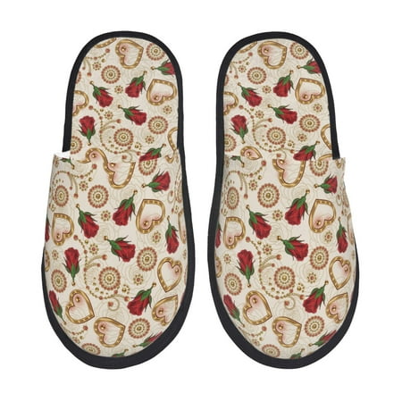 Balery Valentine S Day Rose Slient Indoor Furry Fleece Comfort House Shoes Soft Non-Slip Home Shoes Cotton slippers House Slippers-- Large