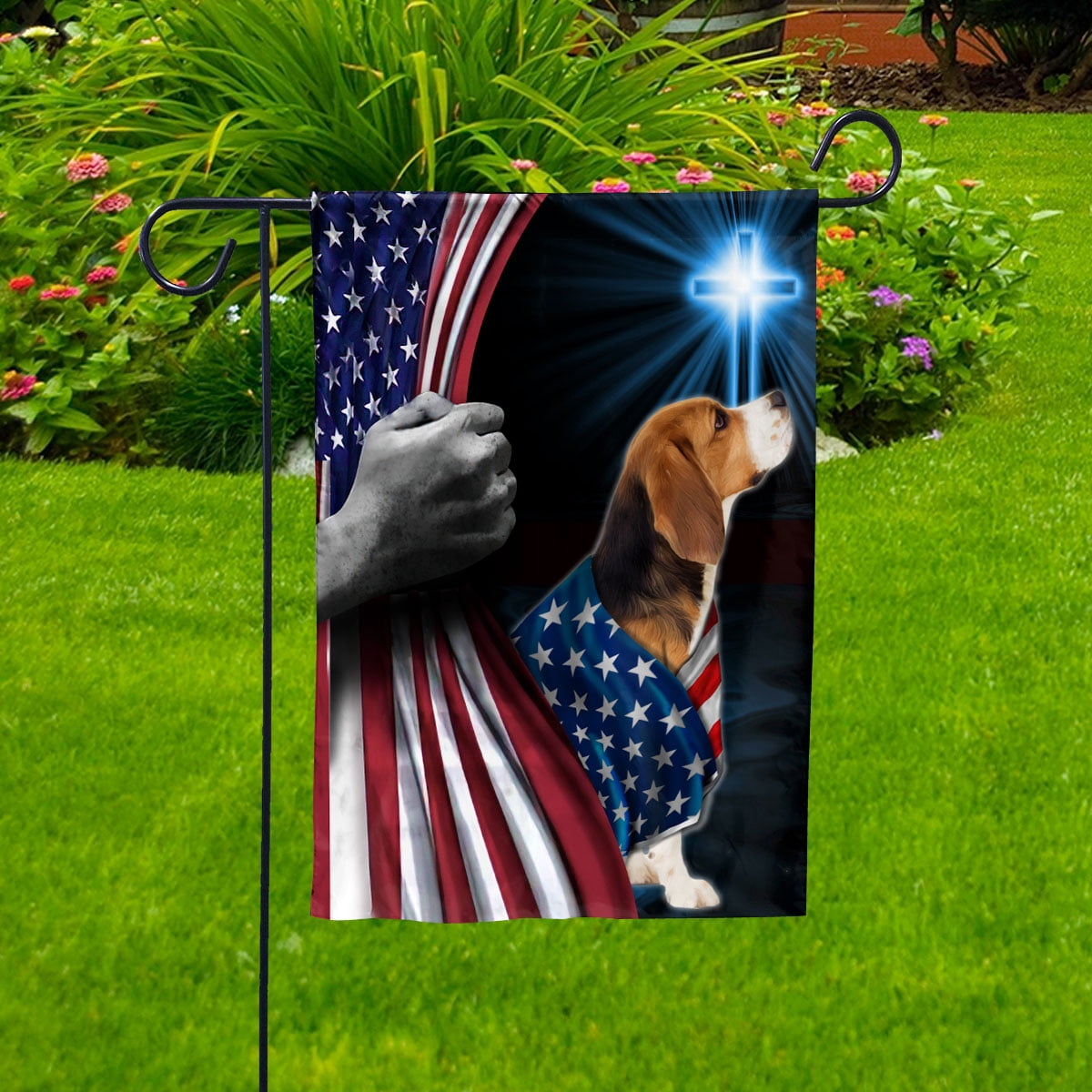 Hand Pulling USA Flag Beagle Dog Wearing Flag American Standing under Cross Christian Patriotic House Flag (3x5) Double Sided- Premium Polyester-Decorative Indoor Outdoor Flag