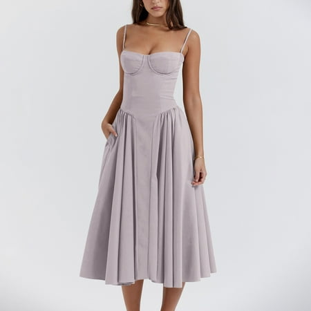 TKing Fashion Women Sexy Corset Dress Sleeveless Beach Vacation Backless Dress Swing Pleated Square Neck Soft Sundresses for Women 2024 Light Gray S