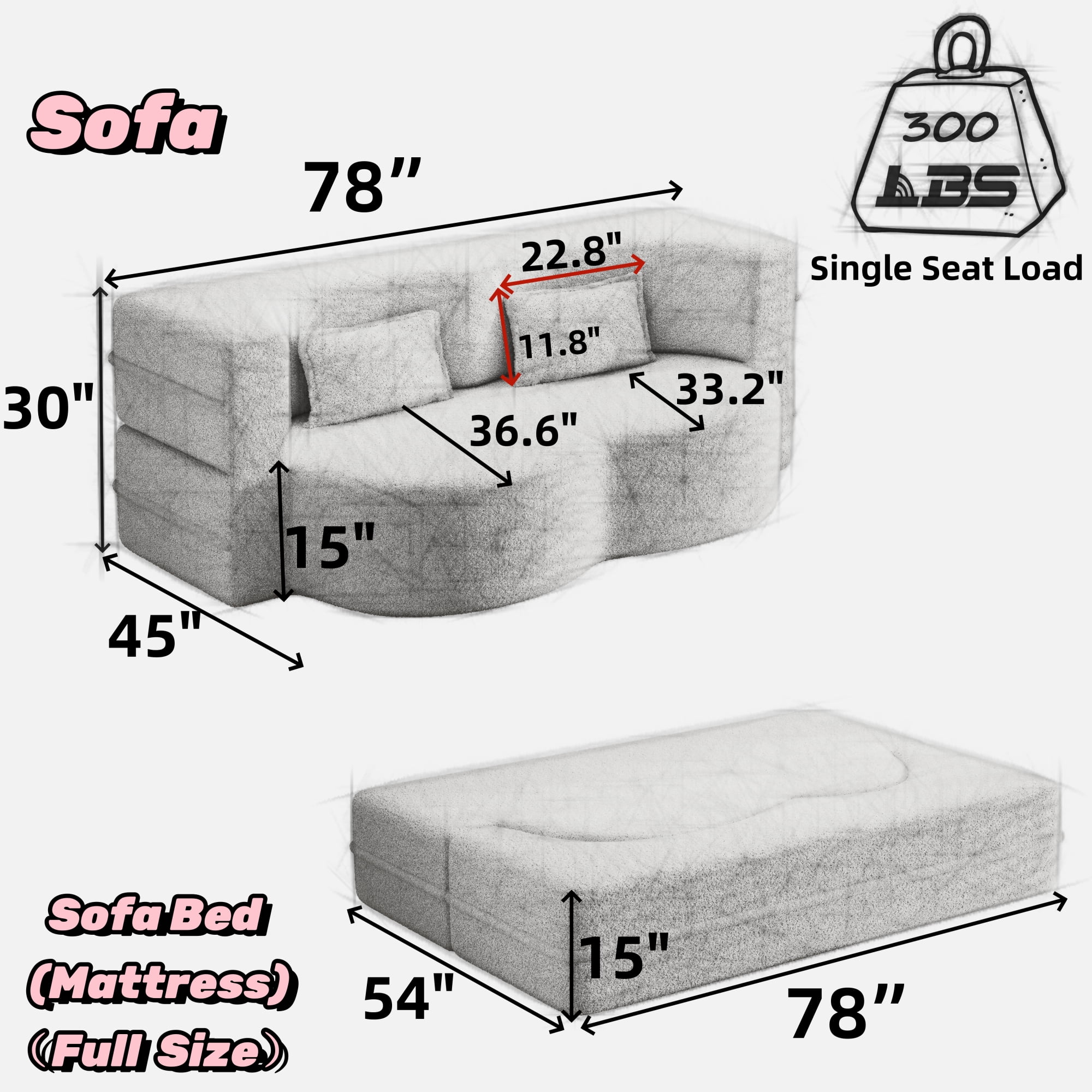 Convertible Futon Sofa Bed,Modern Floor Sofa with 2 Pillows,Teddy Fabric Foam-Filled Sleeper Sofa Bed,15" Full Size Folding Mattress for Living Room,Guest Bed,Playroom,Gray