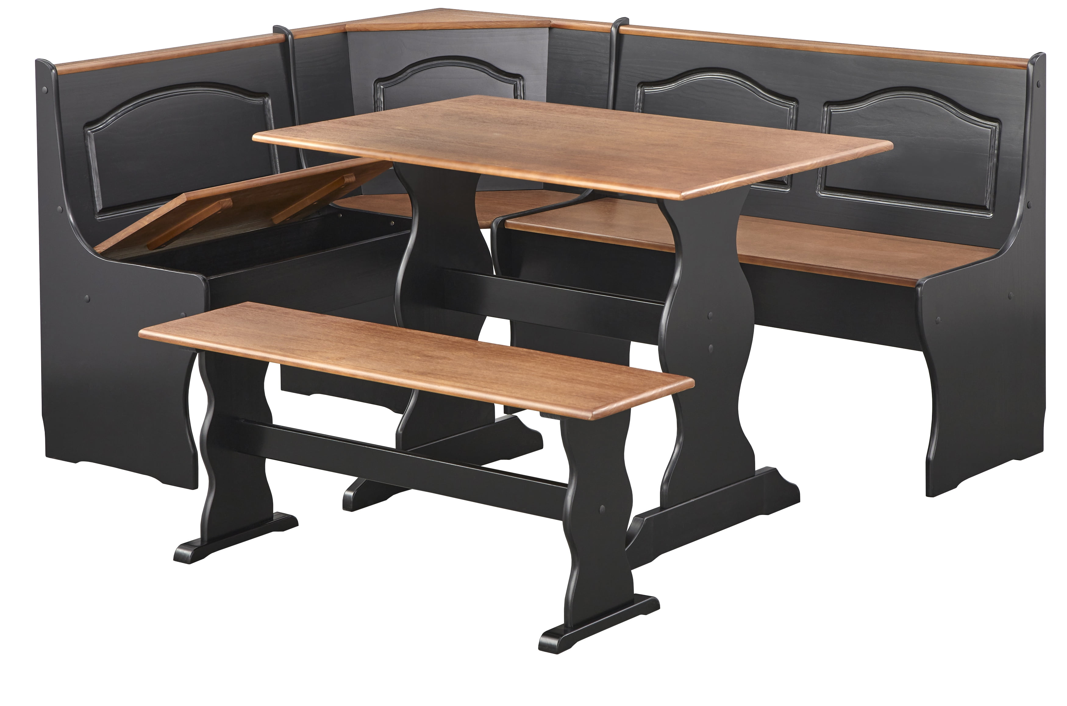 TMS Knox 3-Piece Corner Reversible Indoor Dining Breakfast Nook with Storage, Includes Nook, Table and Bench, Black/Walnut